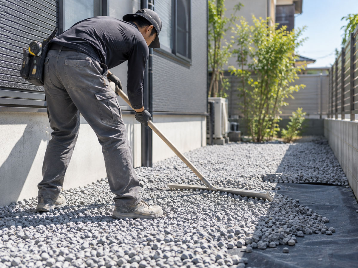 職人が防犯砂利を敷きならしている施工の様子