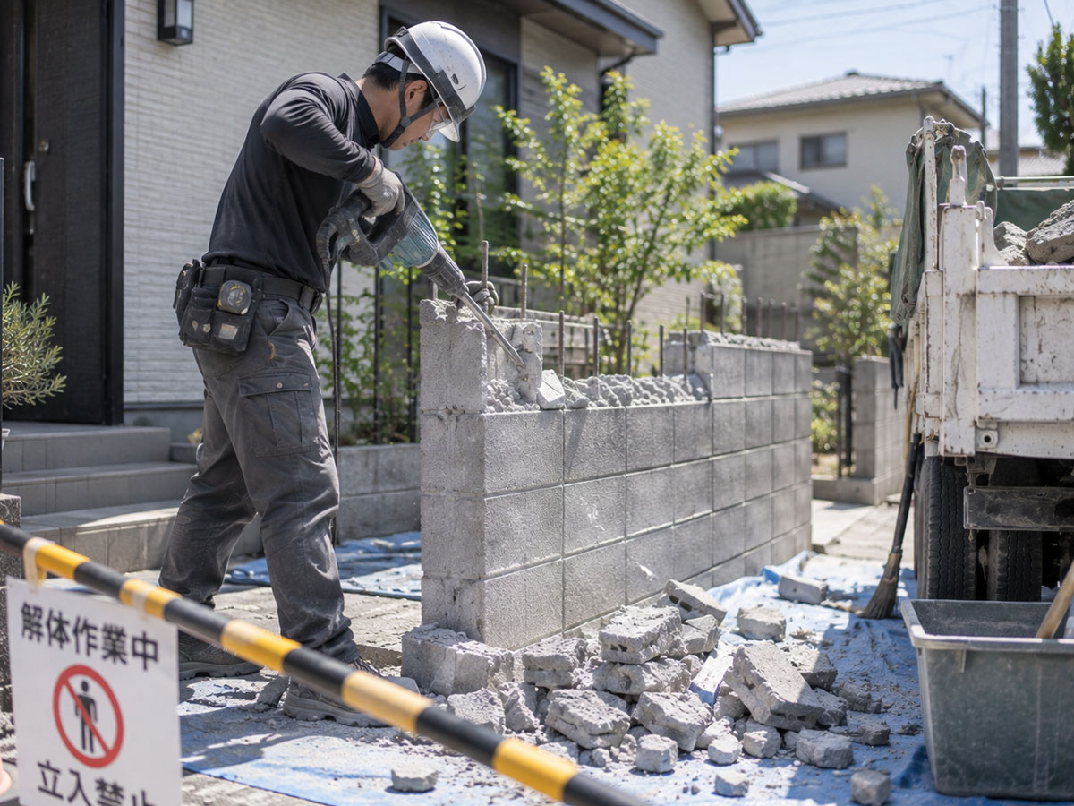 ブロック塀を解体・撤去している施工の様子